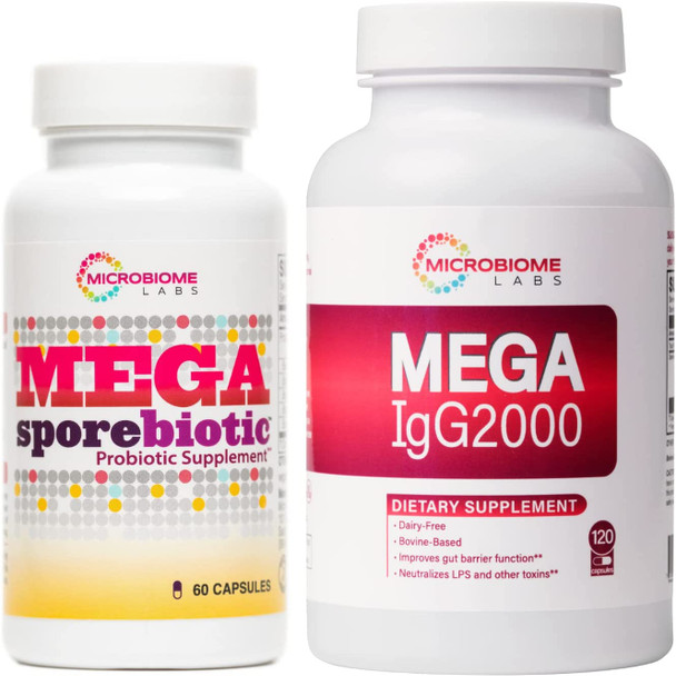 Microbiome Labs MegaSporeBiotic (60 Capsules) + MegaIgG2000 (120 Capsules) Gut and Immune Support Bundle - Spore-Based Probiotic with Dairy-Free Immunoglobulin Concentrate