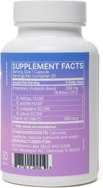 Microbiome Labs SereneSkin - Spore Based Probiotic Supplement for Skin + Gut Health - Vitamin K2 + Bacillus Coagulans to Support Gut-Skin Axis & a Youthful Complexion (30 Capsules)