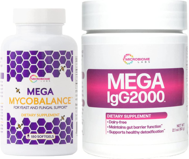 Microbiome Labs Yeast Balance Bundle - Mega IGG2000 Dairy-Free Bovine Serum Powder Immunoglobulin Supplement (2.1oz) + MegaMycoBalance Undecylenic Acid and Bee Propolis Extract (180 Capsules)