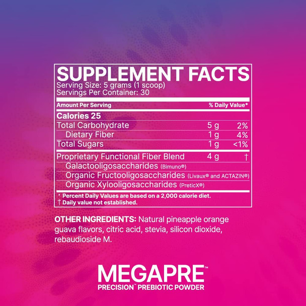 Microbiome Labs MegaPre Gut Health Powder - Powdered Prebiotic Blend - Oligosaccharides for Immune & Digestion Support - Prebiotics Supplement for Adults, Kids - Pineapple Orange Guava Flavor (5.5 oz)