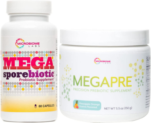 Microbiome Labs MegaSporeBiotic (60 Capsules) + MegaPre (5.5 oz Powder) Probiotic Prebiotic Bundle - Spore-Based Probiotic with Prebiotic Fiber Powder