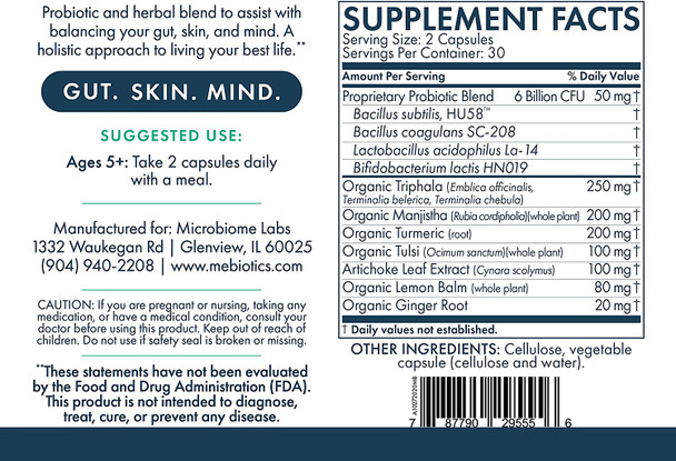 Mebiotics Probiotic & Herbal Supplement Oily 2 - Bacillus Coagulans + Lemon Balm for Skin + Gut Health - Oral Probiotics to Support Gut, Mind, & Skin - for Oily Skin Types (60 Capsules)