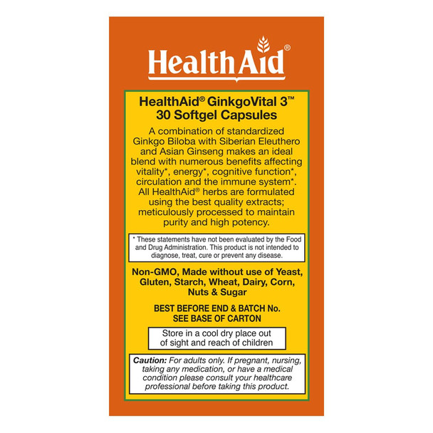 Health Aid America - Ginkgo Vital 3 100 mg 30 Capsules