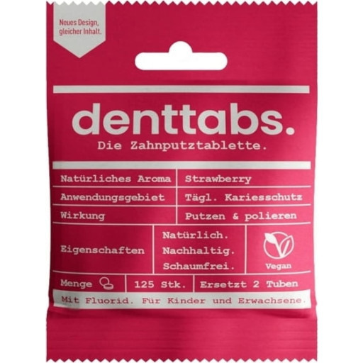 denttabs. Strawberry Tooth Tablets with Fluoride Practical, mild & waterless tabs for the whole family