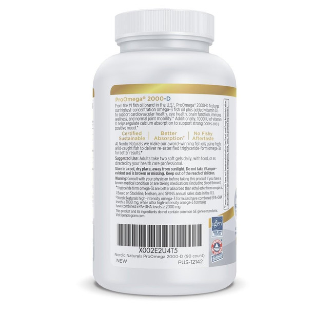 Nordic Naturals ProOmega 2000-D, Lemon Flavor - 2150 mg Omega-3 + 1000 IU D3-90 Soft Gels - Ultra High-Potency Fish Oil - EPA & DHA - Brain, Heart, Joint, & Immune Health - Non-GMO - 45 Servings