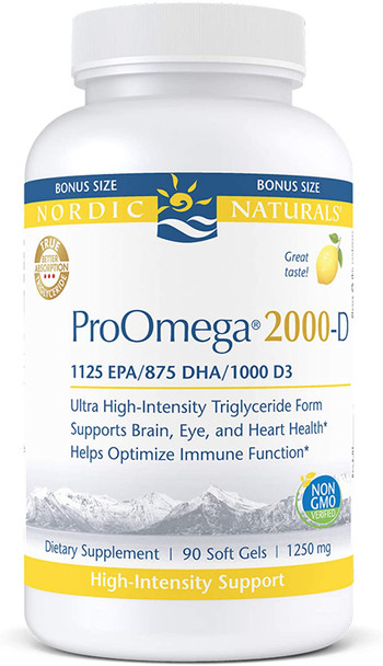 Nordic Naturals ProOmega 2000-D, Lemon Flavor - 2150 mg Omega-3 + 1000 IU D3-90 Soft Gels - Ultra High-Potency Fish Oil - EPA & DHA - Brain, Heart, Joint, & Immune Health - Non-GMO - 45 Servings