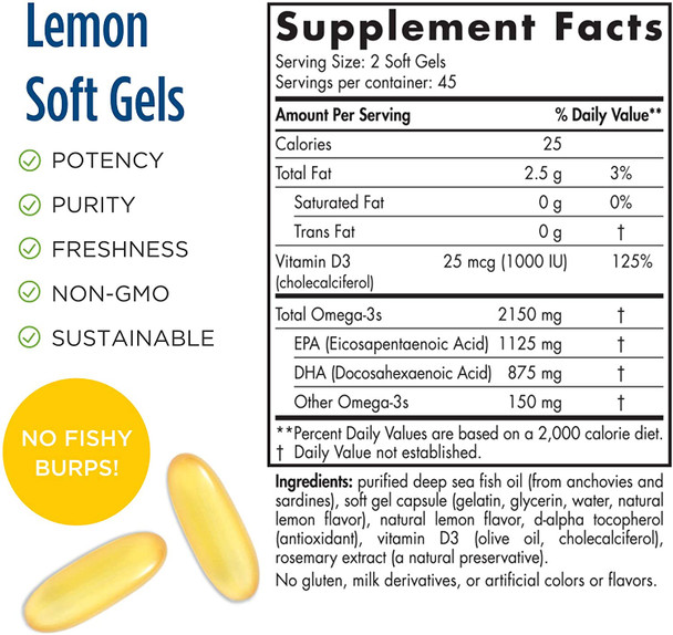 Nordic Naturals ProOmega 2000-D, Lemon Flavor - 2150 mg Omega-3 + 1000 IU D3-90 Soft Gels - Ultra High-Potency Fish Oil - EPA & DHA - Brain, Heart, Joint, & Immune Health - Non-GMO - 45 Servings