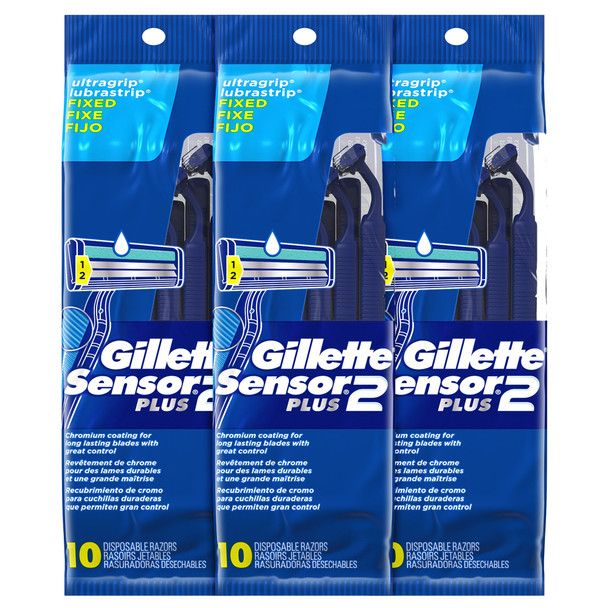 Gillette Sensor2 Plus Fixed Men's Disposable Razor, 10 Count (Pack of 3)