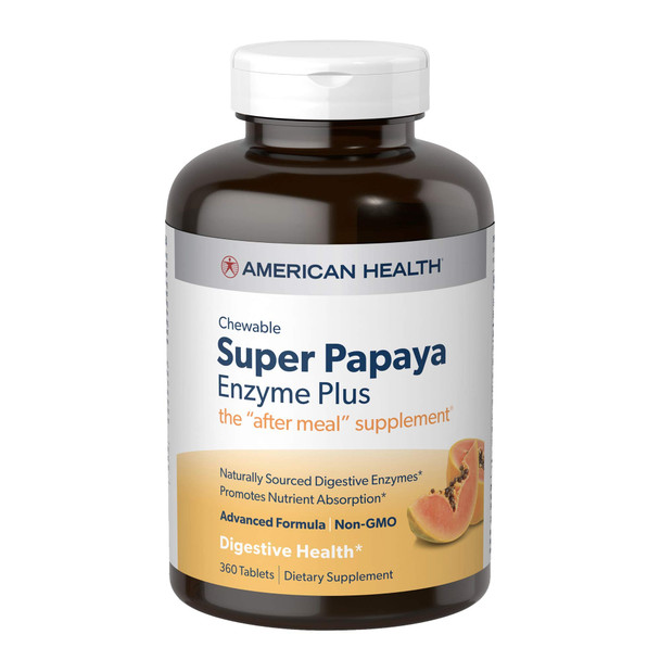 American Health Super Papaya Enzyme Plus Chewable Tablets, Natural Papaya Flavor - Promotes Digestion & Nutrient Absorption, Contains Papain & Other Enzymes - 360 Count, 120 Total Servings