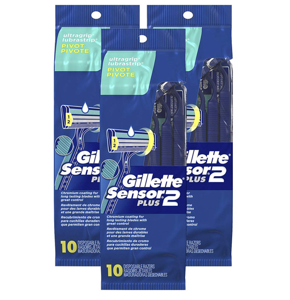 Gillette Sensor2 Plus Pivoting Head Mens Disposable Razors, 10 Count (Pack of 3)