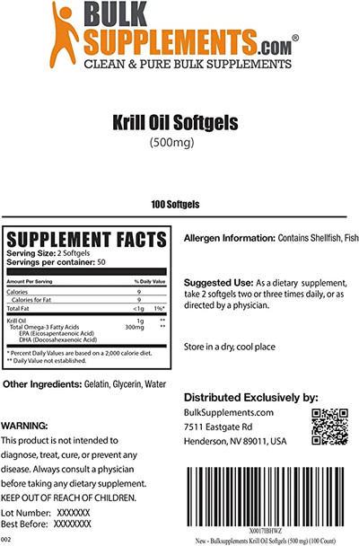 Bulksupplements.com Krill Oil Softgels - Fish Oil Supplement - Joint Supplement - Omega 3 Supplement - Fish Oil Pills (500 mg) (100 Count)