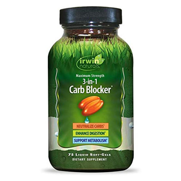 Irwin Naturals Maximum Strength 3-in-1 Carb Blocker - Neutralize Carbohydrates and Support Metabolism - 75 Liquid Softgels