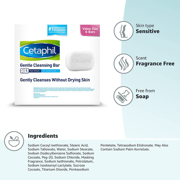 Cetaphil Gentle Cleansing Bar for Dry/Sensitive Skin 4.50 Ounce (Packs of 6)