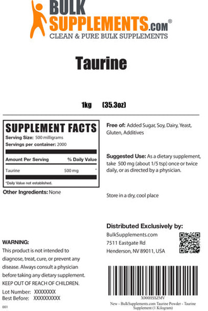 BulkSupplements.com Taurine Powder - Pre Workout Weight Loss - Unflavored Pre Workout - Taurine Supplement (1 Kilogram)