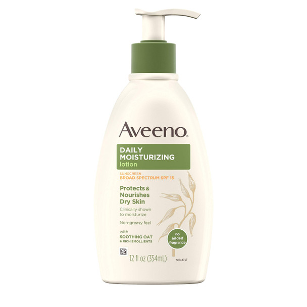 Aveeno Daily Moisturizing Body Lotion with Broad Spectrum SPF 15 Sunscreen, Soothing Oat & Rich Emollients to Nourish Dry Skin, Non-Greasy, 12 fl. oz