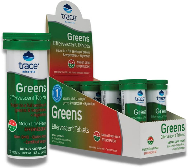Trace Minerals Research Supplement - Greens Effervescent Tablets Help Immune Support and Increase Energy with Melon Lime Flavor - 1 Box of 8 Tubes (10 Tablets Per Tube) - Non-GMO - Gluten Free