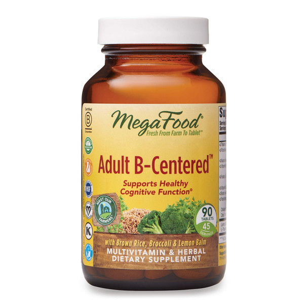 MegaFood, Adult B-Centered, Supports Cognition and Mental Focus, Multivitamin B Complex Supplement with Herbs, Vegan, 90 Tablets