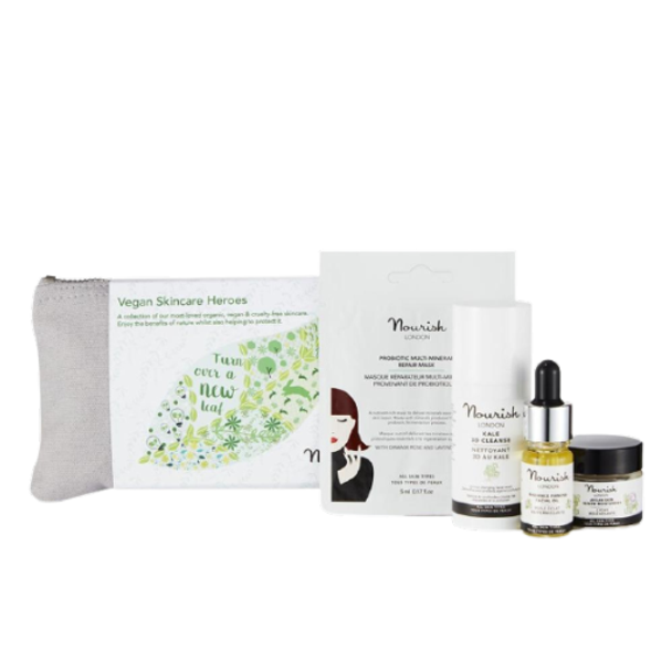 Nourish London Vegan Skincare Heroes Argan & kale skincare set in a practical cosmetic bag