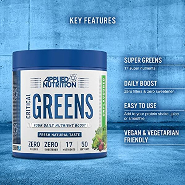 Applied Nutrition Critical Greens Powder - Boost your Immune System with 17 Vital Superfood Nutrients, Zero Fillers, Fresh Natural Super Greens Taste, Vegan Friendly 250g - 50 Servings