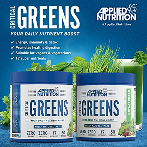 Applied Nutrition Critical Greens Powder - Boost your Immune System with 17 Vital Superfood Nutrients, Zero Fillers, Fresh Natural Super Greens Taste, Vegan Friendly 250g - 50 Servings