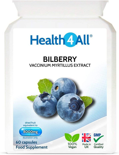 Bilberry Strong Extract 8,000mg 60 Capsules (V) . Vegan Capsules (not Tablets). Antioxidant for Eyesight. Made in The UK by Health4All.