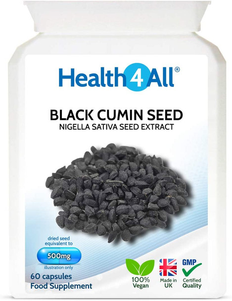 Black Cumin Seed 500mg 60 Capsules (V) (not Tablets) Nigella Sativa Vegan Immune Support Supplement. Made in The UK by Health4All.