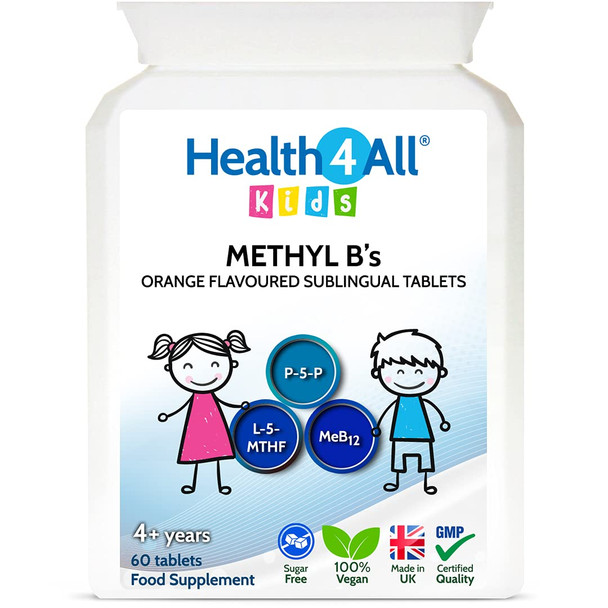 Kids Methyl B's 60 Tablets. Sublingual Vegan pre methylated B12 Methylcobalamin 5 Methylfolate and P-5-P for Children for Stress and  Mood Support