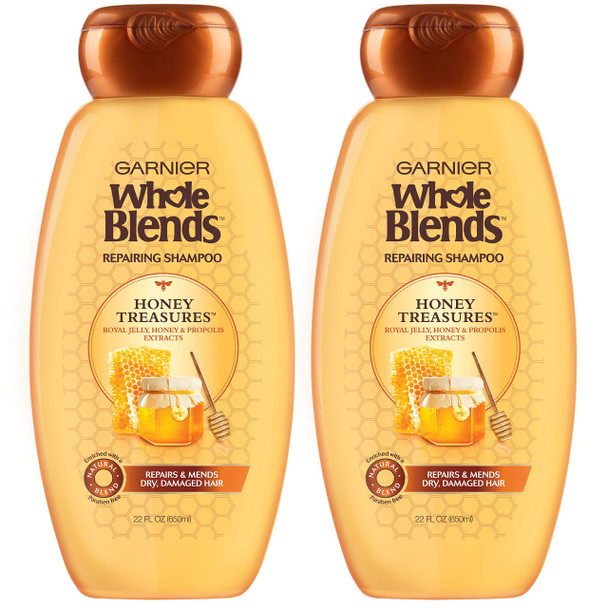 Garnier Whole Blends Honey Treasures Repairing Shampoo for Dry Damaged Hair, 22 Fl Oz (Pack of 2)