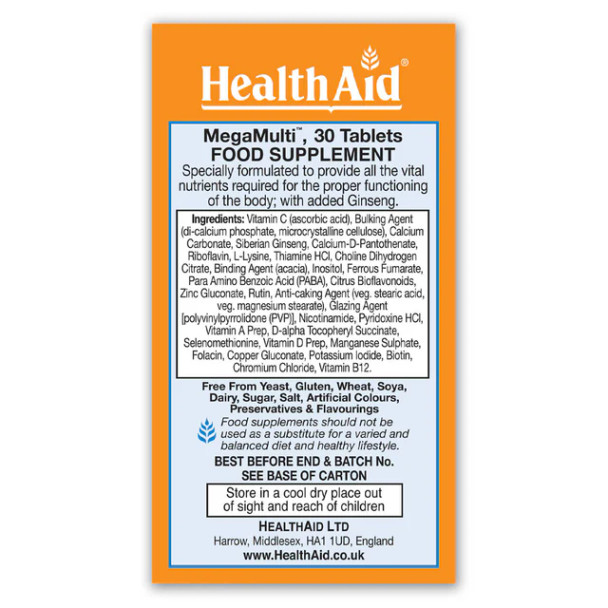 HealthAid Mega-Multi's (with Ginseng) - 30 Vegetarian Tablets