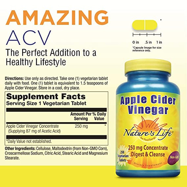 Nature's Life Apple Cider Vinegar, 250 Mg, 35 % Acetic Acid | 250 Tablets