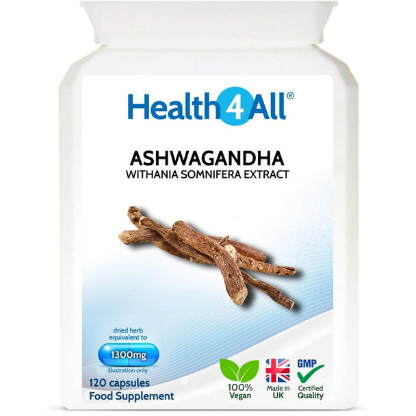 Ashwagandha 1300mg 120 Capsules (V) . Vegan Capsules. Indian Ginseng. Withania Somnifera. Winter Cherry. Made in The UK by Health4All