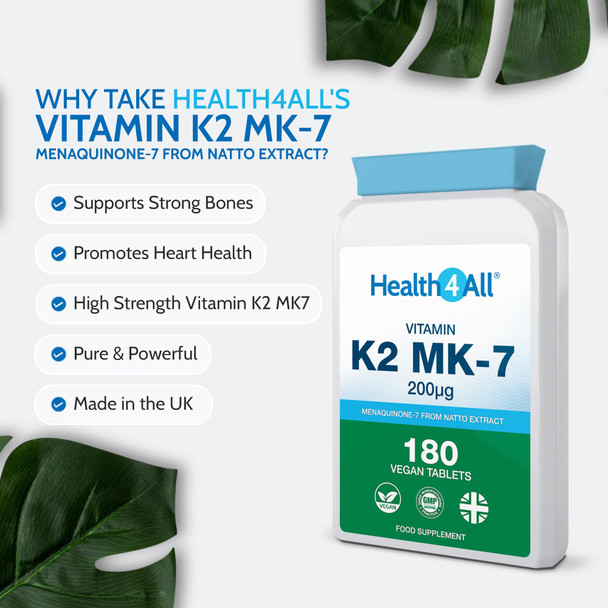 Vitamin K2 MK7 200mcg 180 Tablets (V) Natural MK-7 from natto Fermentation. Vegan High Strength Tablets (not Capsules). Made in The UK by Health4All