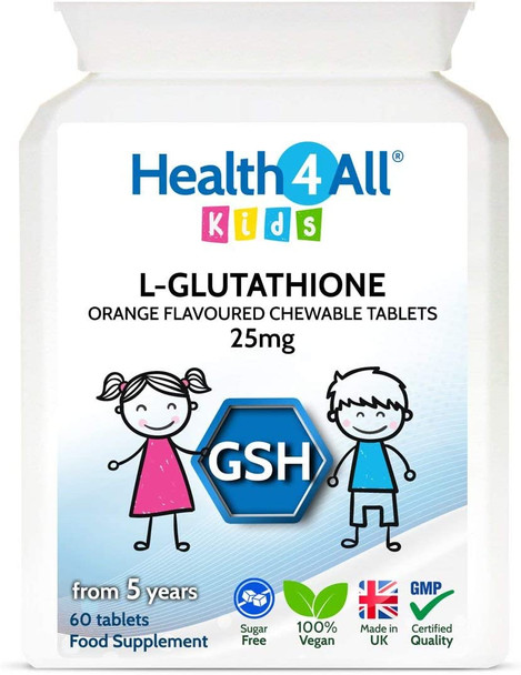 Kids L-Glutathione 25Mg Chewable 60 Tablets Reduced Glutathione (Gsh) Antioxidant For Children. Made In The Uk By Health4All Kids