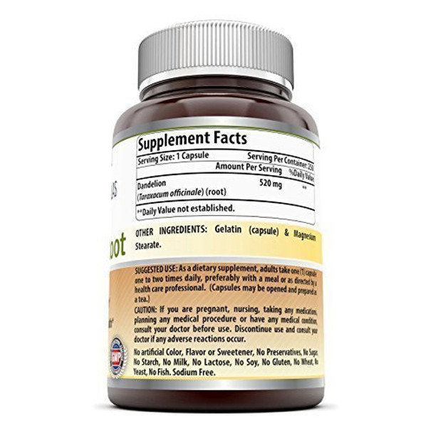 Amazing Nutrition Dandelion Root Dietary Supplement 520 mg of 100% Pure Dandelion (Taraxacum Officinale) in Every Capsules Can Be Used As Tea Helps to Detox Cleanse Kidney, Liver & Whole Body