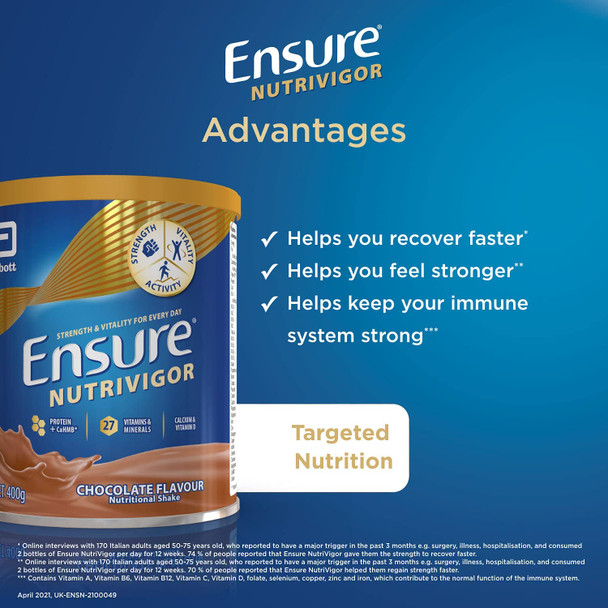 Ensure NutriVigor Protein Shake | Boost Energy and Help Support Recovery| Vitamin D Supplement with Protein, CaHMB and 27 Vitamins and Minerals | 400g | Chocolate Flavour
