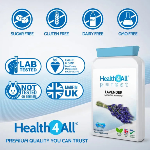 Lavender 500mg 60 Capsules (V) .(not Tablets or Oil) Purest- no additives. Vegan Capsules for Anxiety, Relaxation and Sleep. Made in The UK by Health4All Lavender 500mg 60 Capsules (V) .(not Tablets or Oil) Purest- no additives. Vegan Capsules for Anxiety, Relaxation and Sleep. Made in The UK by Health4All