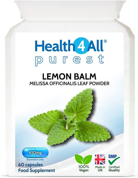 Lemon Balm 450mg 60 Capsules (V) .(not Tablets) Purest- no additives, Vegan. Melissa for Anxiety, Stress and Sleep. Made in The UK by Health4All