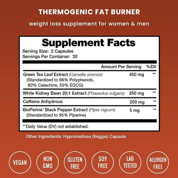 Fat Burner for Women & Men - Thermogenic Weight Loss Supplement with Green Tea Extract & White Kidney Bean - Carb Blocker, Appetite Suppressant, Energy & Metabolism Booster - 60 Diet Pills