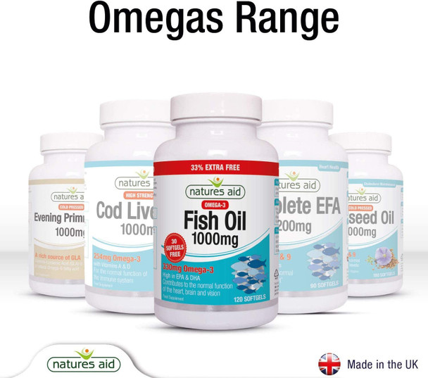 Natures Aid Fish Oil 1000mg | Omega 3 (180mg Epa & 120mg Dha) | Made In The UK, 120 Softgels for The Price of 90, 120 Capsules