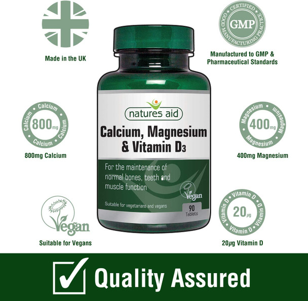 Natures Aid Calcium Magnesium and D3, Helps Maintain Normal Bones, Teeth and Muscle Function, Vegan, 90 Tablets