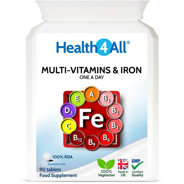 Multivitamins & Iron One a Day 90 Tablets . 100% RDA. Made in The UK by Health4All