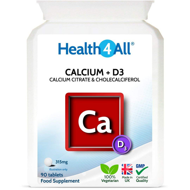 Calcium Citrate with Vitamin D3 90 Tablets (V) .(not Capsules) Easily absorbable Calcium Citrate 315mg & D3 Cholecalciferol 200iu per Tablet. Made in The UK by Health4All