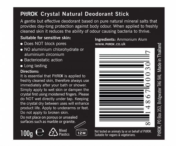 Pit Rok Crystal Fragrance Free Natural Deodorant Stick 100g