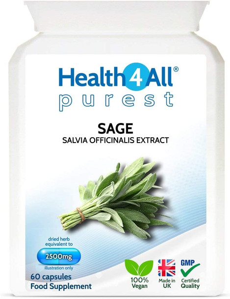 Sage Strong 2500mg 60 Capsules (V) . Purest- no additives sage Leaf Capsules (not Tablets). Works for Hot Flushes, Night Sweats and Menopause Symptoms. Vegan. Made by Health4All