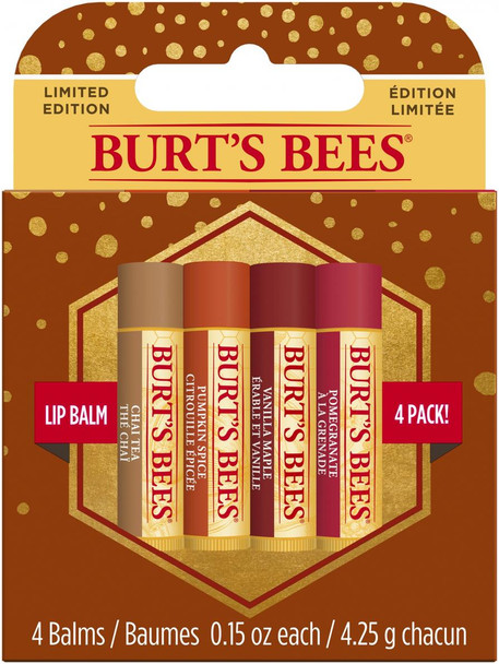 Burts Bees Lip Balm 4 Pack Chai Tea, Pumpkin Spice, Vanilla Maple and Pomegranate Limited Edition