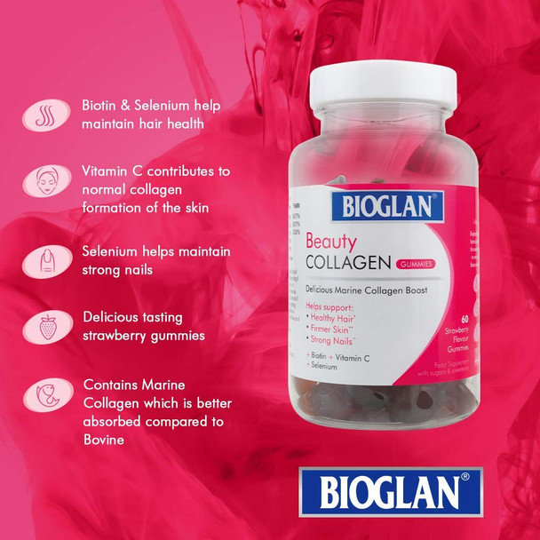 Bioglan Collagen Gummies | 1000mg | Hydrolysed Marine Collagen | Biotin | Selenium & Vitamin C | Strawberry Flavoured | 60 Gummies
