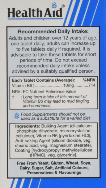HealthAid Vitamin B6 (Pyridoxine HCl) 10mg - 100 Tablets HealthAid Vitamin B6 (Pyridoxine HCl) 10mg - 100 Tablets