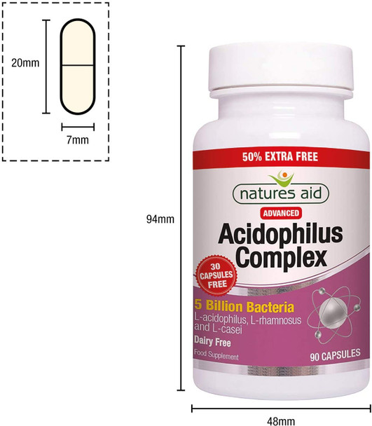 Natures Aid Acidophilus Complex, 5 Billion Bacteria, 90 Capsules (Lactobacillus Acidophilus, Lactobacillus Rhamnosus, Lactobacillus Casei, Good Bacteria, Shelf Stable, Vegan Society Approved)