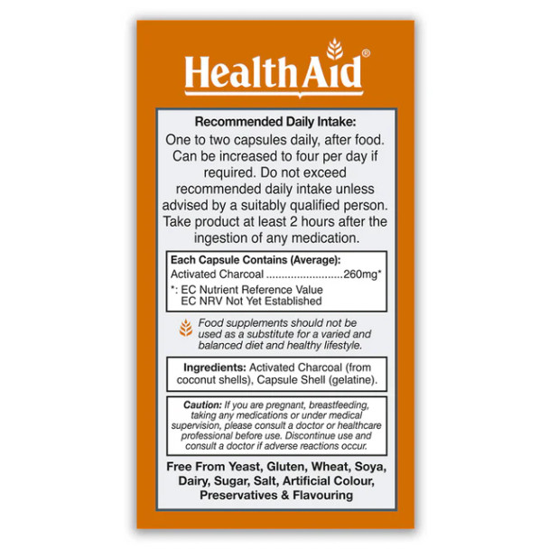 HealthAid Gastone, 300mg, 60 Activated Coconut Charcoal Capsules. Digestion and Detox Support