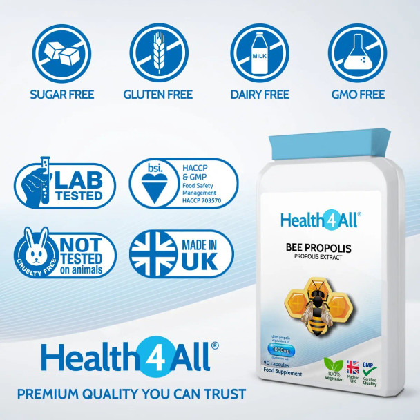Bee Propolis High Strength 1000mg 90 Capsules (V) . Immune Support Natural Supplement Rich in Functional antioxidants. Made in The UK by Health4All